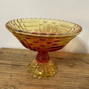 Vintage Amberina Glass Large Candy Dish Compote Jeanette Floragold Pattern